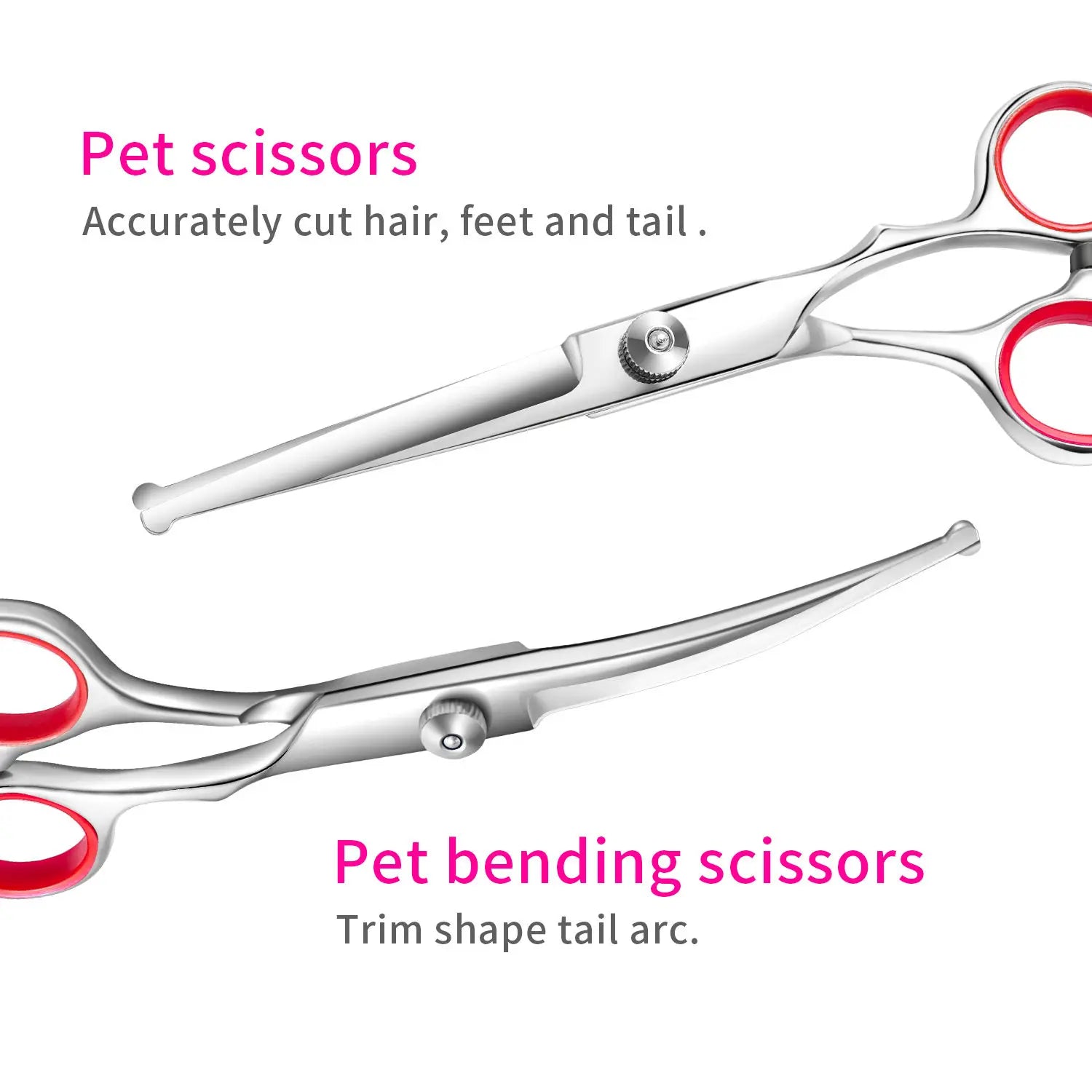 Professional pet grooming scissors set with stainless steel clippers and safety scissors for cats and dogs.