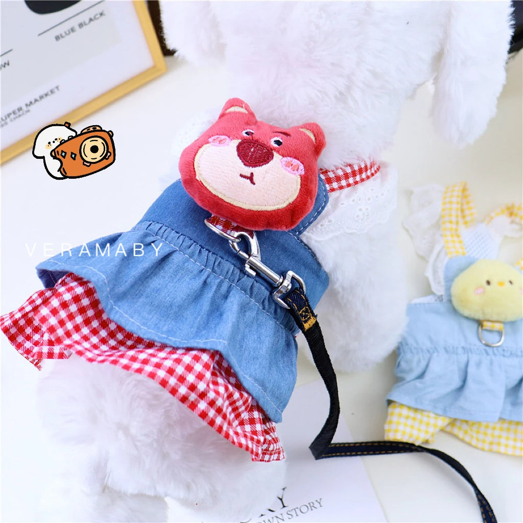 Cute doll dog harness and leash set in pink and yellow with denim skirt, ideal for small dogs and puppies like Chihuahuas and Pugs