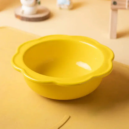 Flower-shaped ceramic pet bowl with clear acrylic stand for cats and dogs.