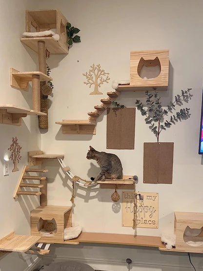 Wall-mounted cat shelf with sisal scratching posts and multi-level steps