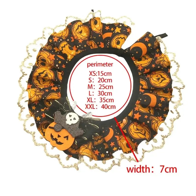 Pet Halloween pumpkin patterned scarf with adjustable collar for festive costume decoration.