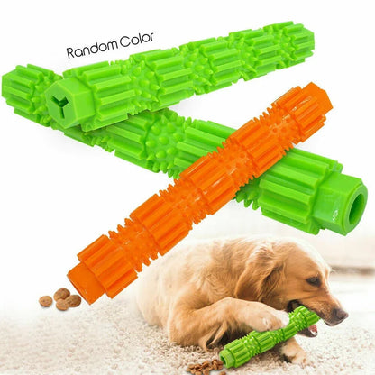 Pet dog teething stick chew toy and treat dispenser promoting dental health