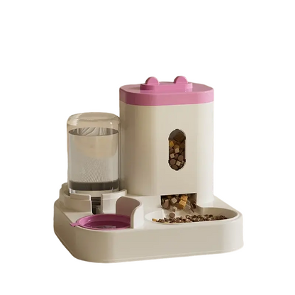 Non-electric automatic pet feeder and water dispenser with raised dual bowl design for cats and dogs.