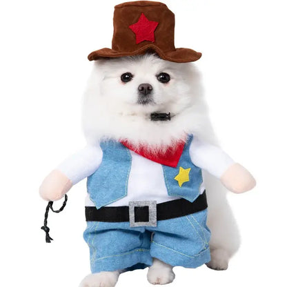 Dog wearing a Halloween costume with foam dagger and stuffed body design.