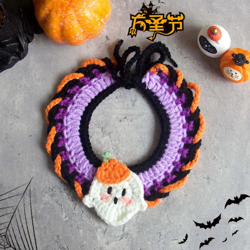 Hand-knit Halloween pet collar bib featuring ghost designs, perfect for dressing up cats and dogs during the spooky season.