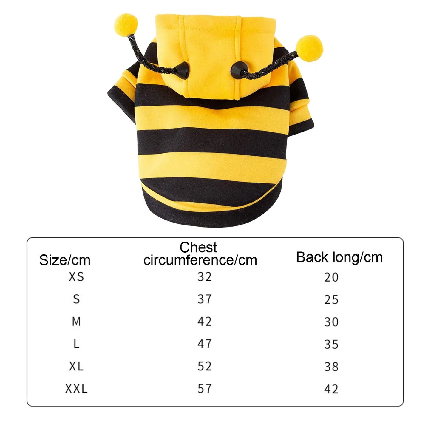 Dog Bee Costume - Soft hoodie for pets, perfect for Halloween and Christmas celebrations size chart