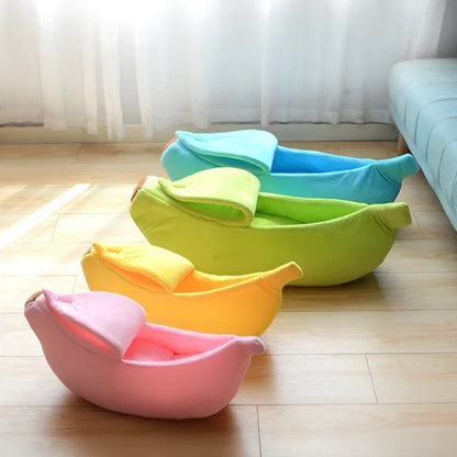 Large banana-shaped plush cat bed for small dogs and cats