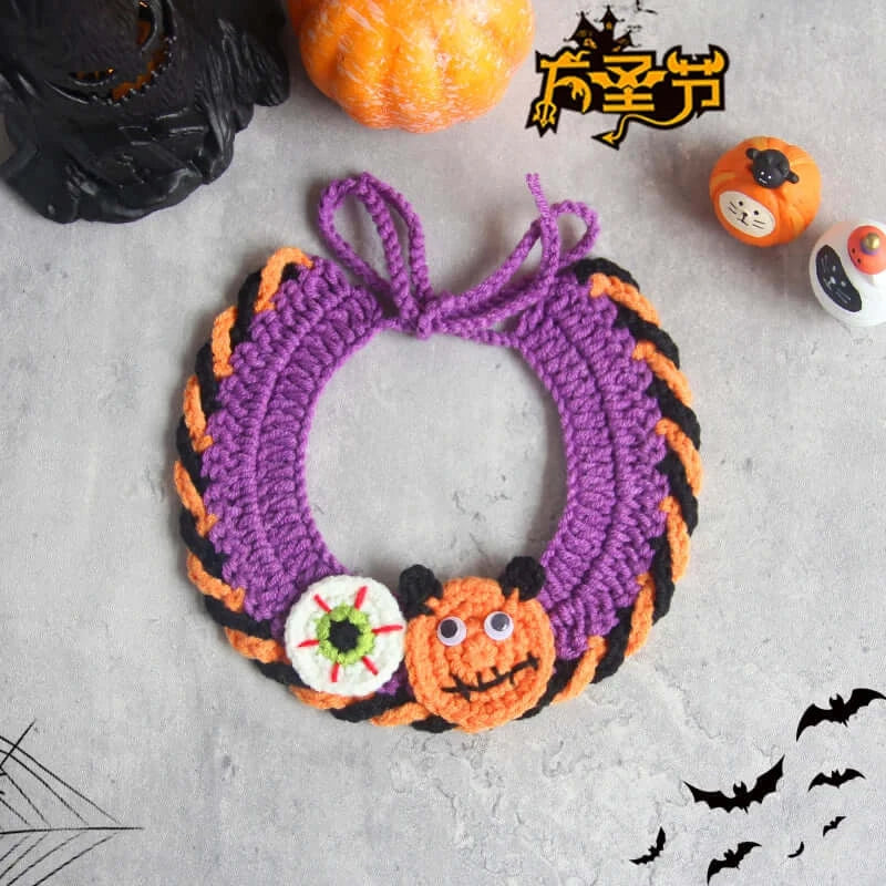 Hand-knit Halloween pet collar bib featuring ghost designs, perfect for dressing up cats and dogs during the spooky season.