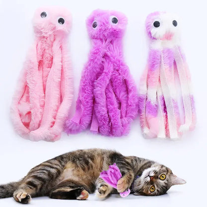 Cute octopus plush toy for cats, soft and durable with dangling tentacles, designed for biting, pouncing, and cuddling.