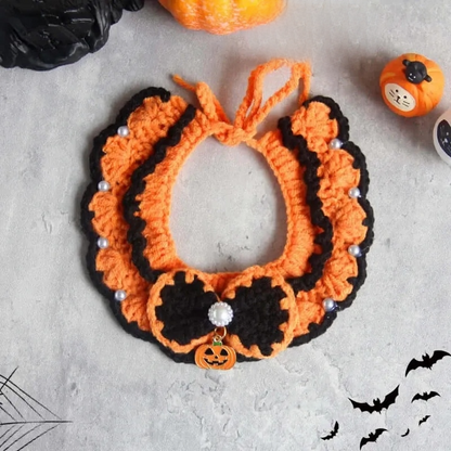Hand-knit Halloween Pet Collar Bib for cats and dogs, perfect for adding a spooky touch to Halloween costumes.