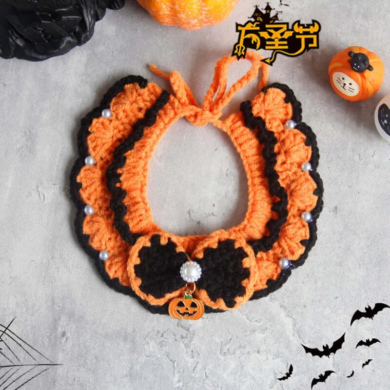 Hand-knit Halloween pet collar bib featuring ghost designs, perfect for dressing up cats and dogs during the spooky season.