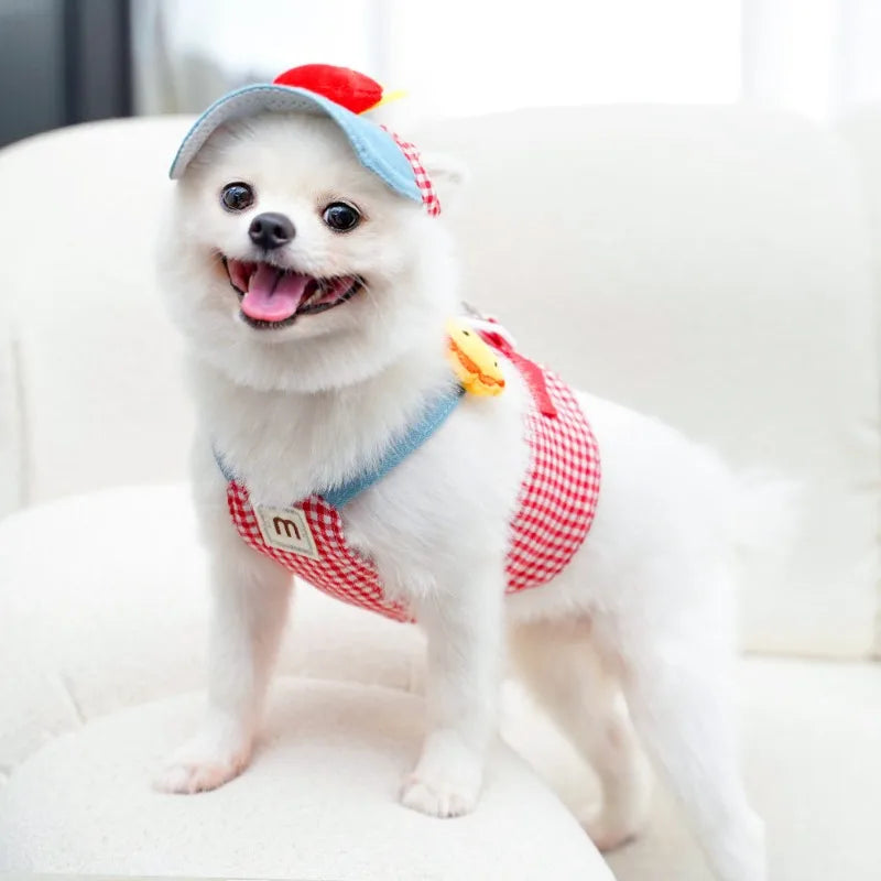 Fries-themed puppy harness set with matching hat and leash, ideal for small dogs on walks and outings.