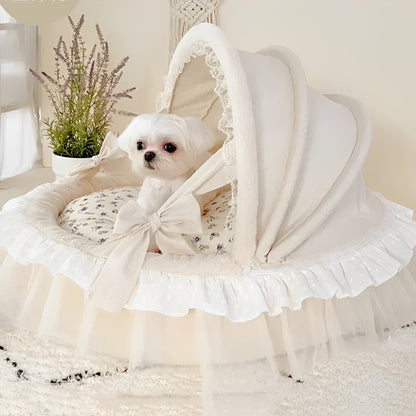 Luxury Princess Dog Bed with Lace Canopy for Small Dogs – Soft Washable Indoor Pet Cradle
