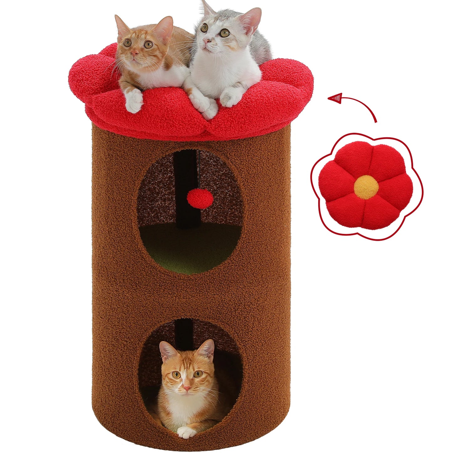 Double-deck cat house with cozy condos, luxury flower perch, and pompom ball for indoor cats.