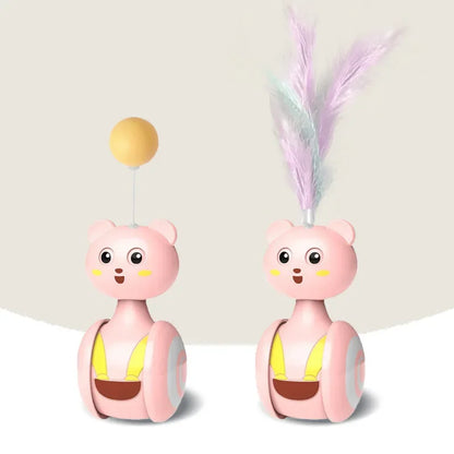 Interactive cat tumbler swing toy with feather wand and rotating ball