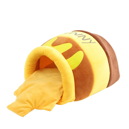 Honey pot-shaped soft plush cat bed with removable cushion for indoor cats