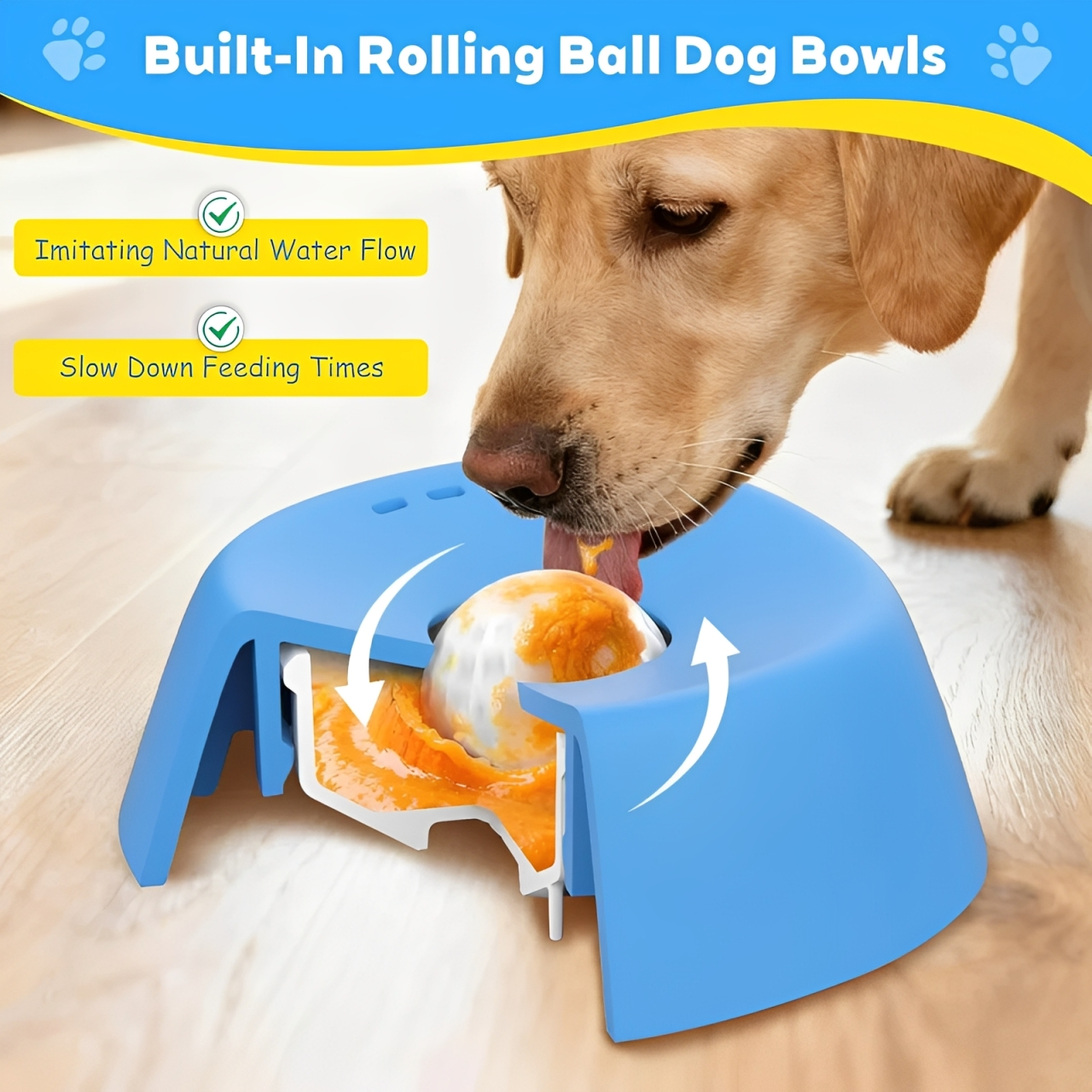 Anti-choking slow feeder for dogs design with built-in rolling ball for slow feeding and natural water flow.
