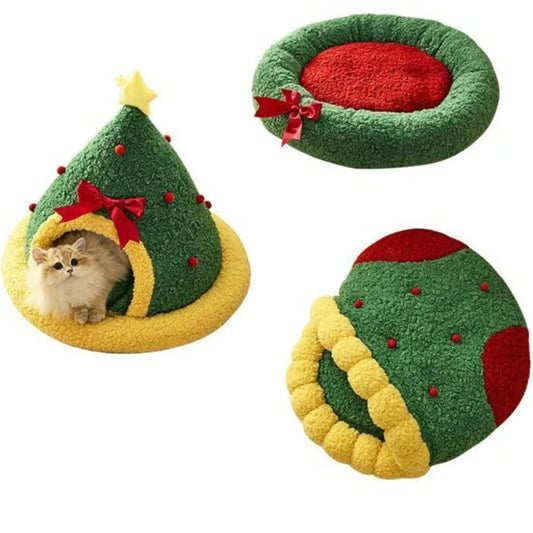 Christmas stocking-shaped cat nest, lamb wool semi-enclosed bed for warmth and comfort during winter