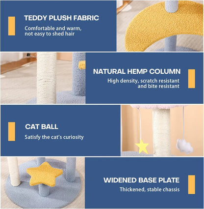 Multi-level kitten tree tower with sisal scratching posts and plush resting spots