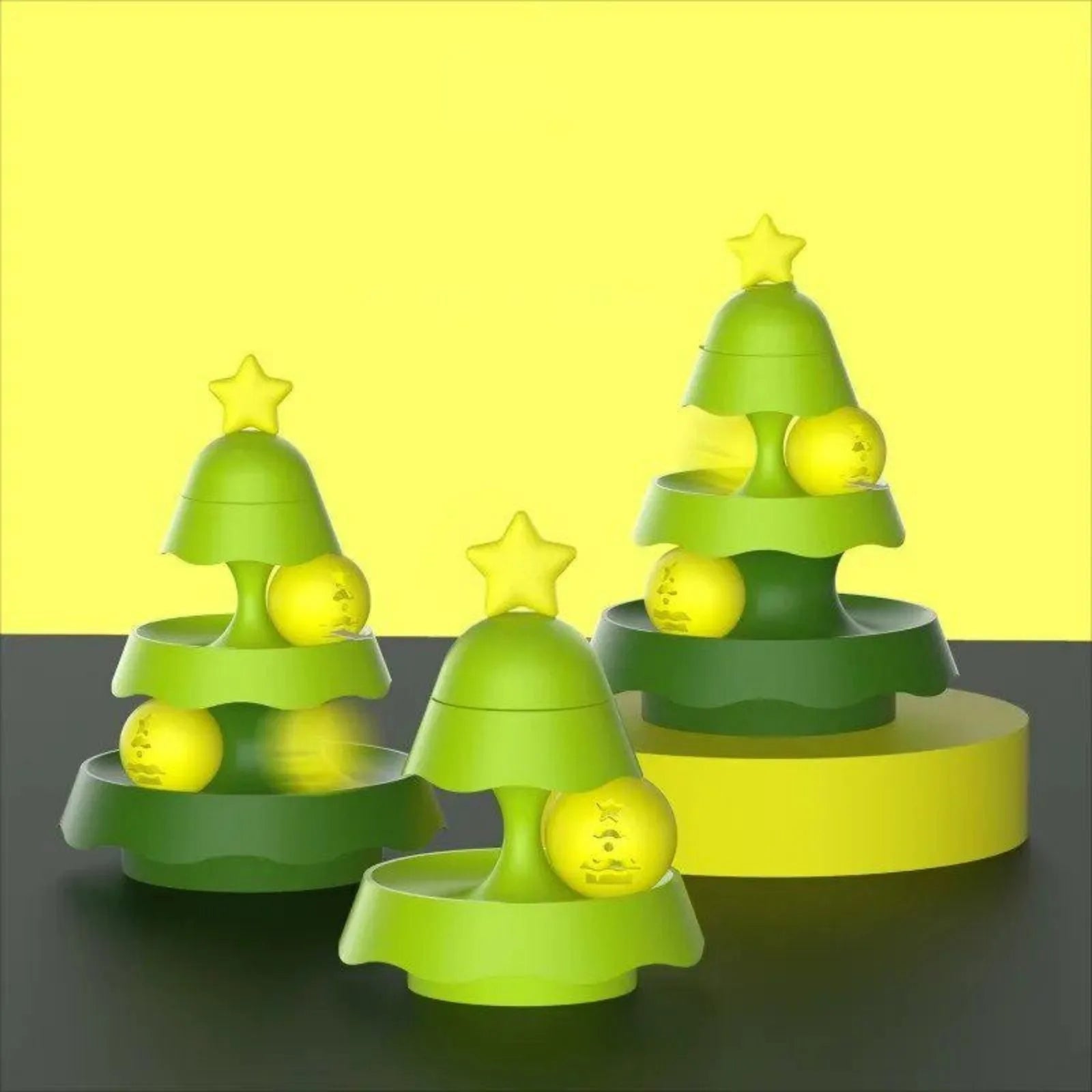 Christmas tree-shaped cat track toy with multi-stage interactive ball tracks for indoor cats.