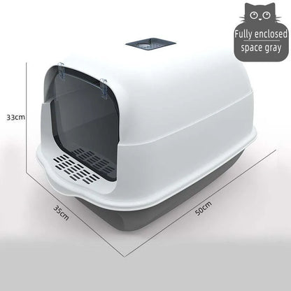 Fully enclosed cat litter box with two-way shovel access for odor control and easy cleaning