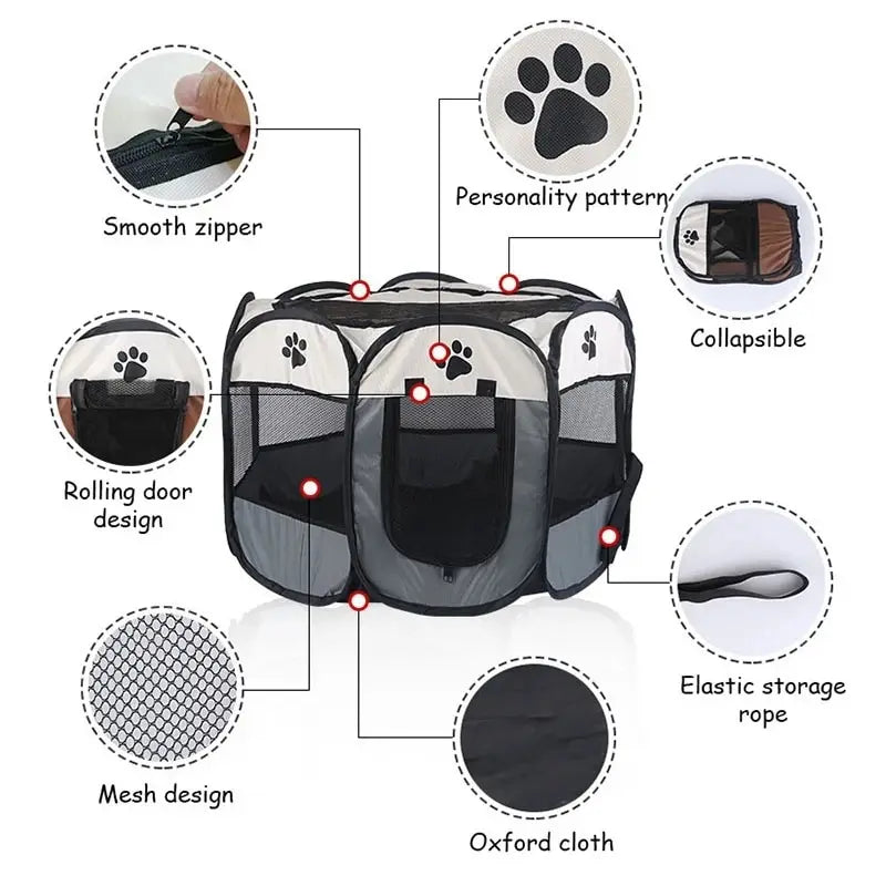 Portable foldable pet tent kennel for large dogs and cats, with spacious octagonal design and breathable anti-mosquito mesh