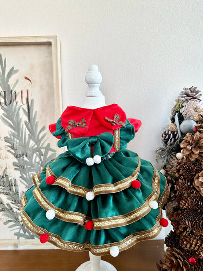 Cute and cozy Christmas princess dress for small dogs with bow and ruffled skirt