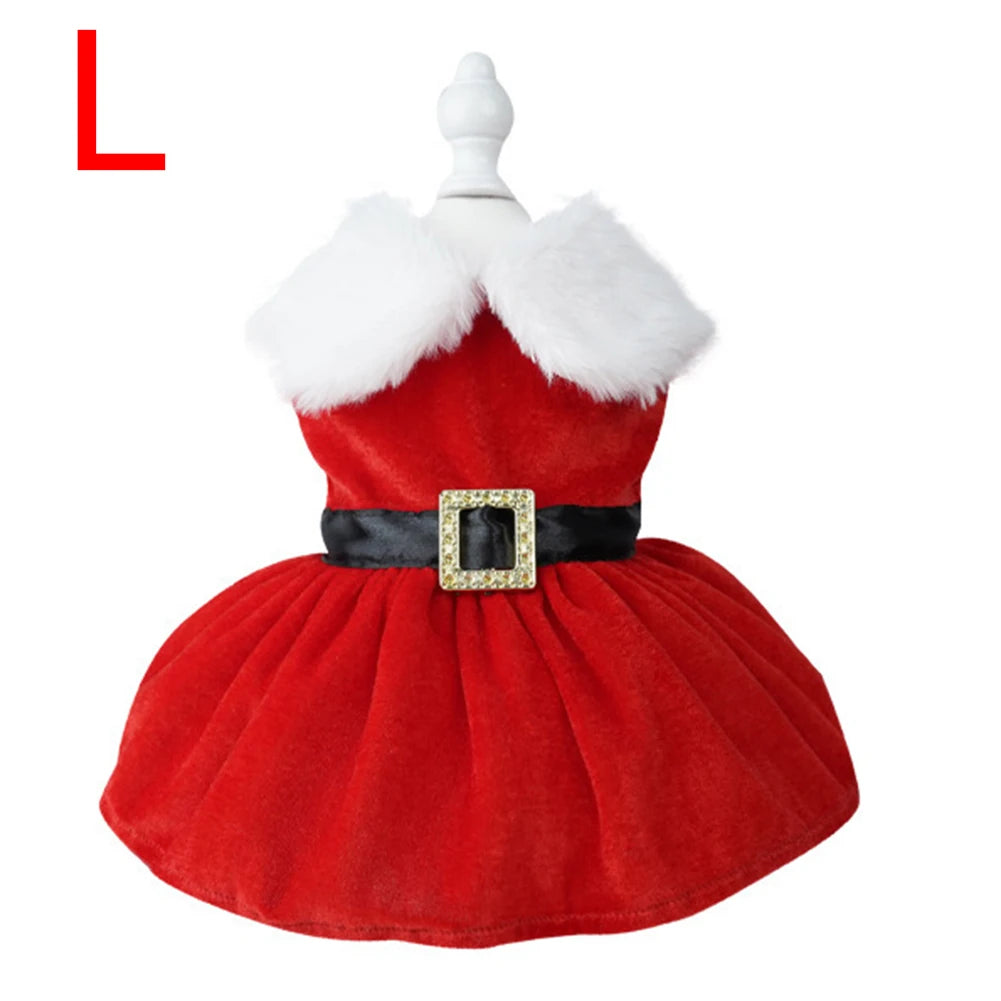 Festive Christmas dress for small dogs and cats, featuring a red skirt and glittering belt for holiday celebrations.