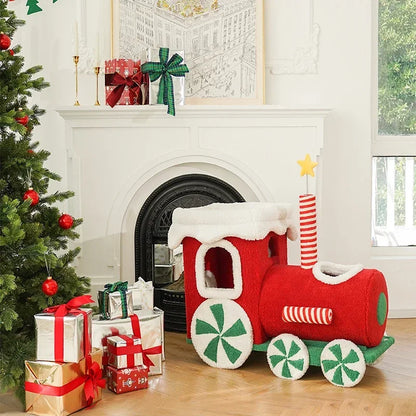 Christmas train-shaped cat climbing frame with cozy nest and platforms for play
