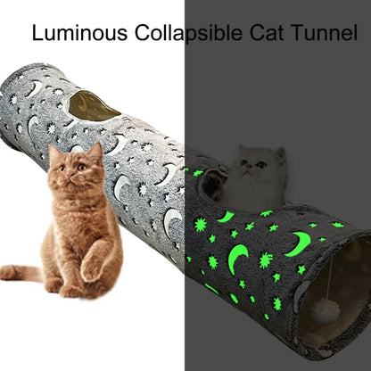 Glow-in-the-dark moon star cat tunnel and plush ball toy set for playful pets