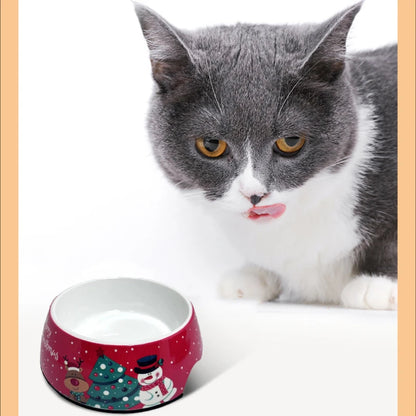 Christmas-themed stainless steel dog bowl with festive design, perfect for food and water