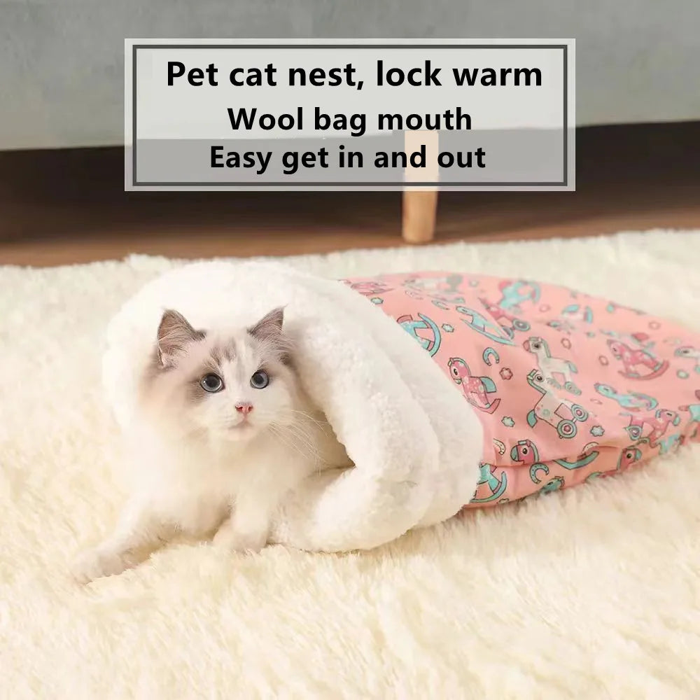 Plush cat sleeping bag with thickened design, providing warmth and comfort for kittens and puppies in winter.