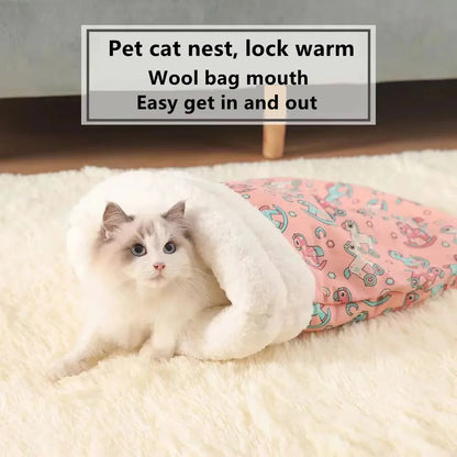 Cozy plush cat sleeping bag with burrow design for warmth and comfort