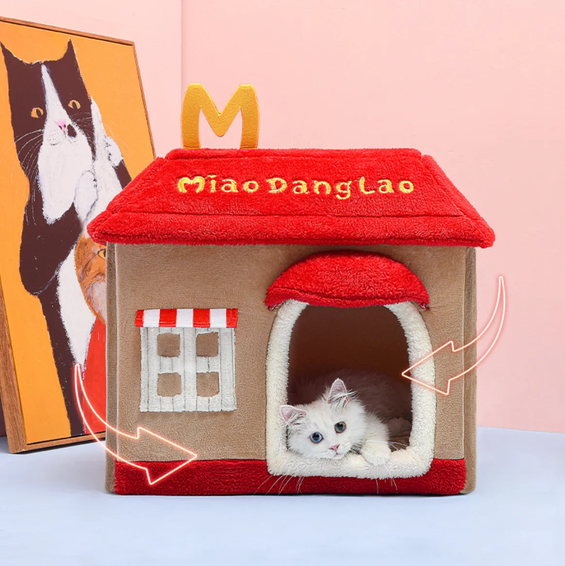 Removable enclosed pet cave for cats and small dogs, perfect as a winter dog house or cozy cat bed.