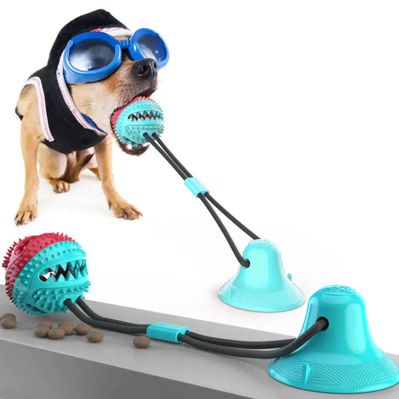 Interactive dog chew toy with suction cup and food dispensing features, designed for medium and large dogs.