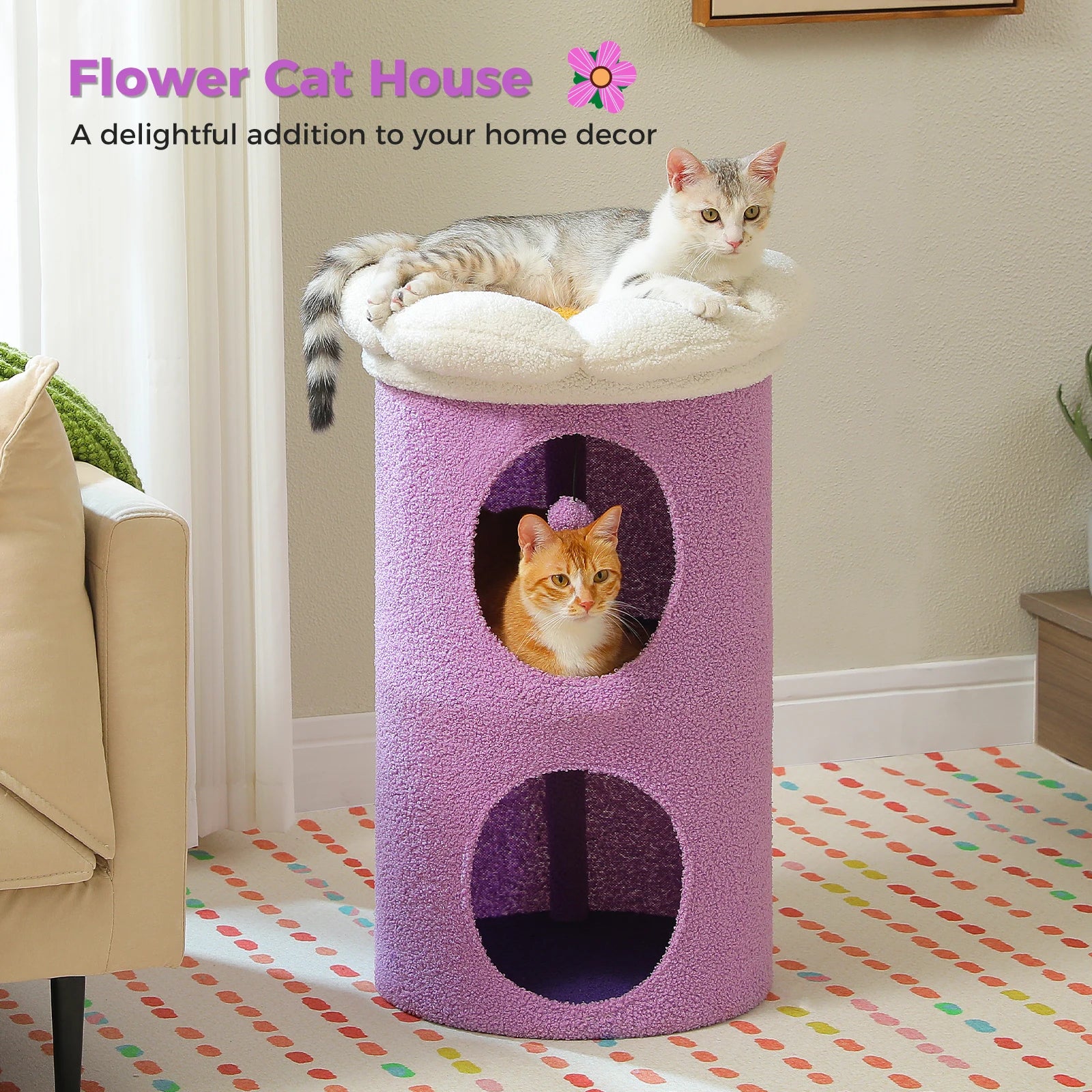 Double-deck cat house with cozy condos, luxury flower perch, and pompom ball for indoor cats.