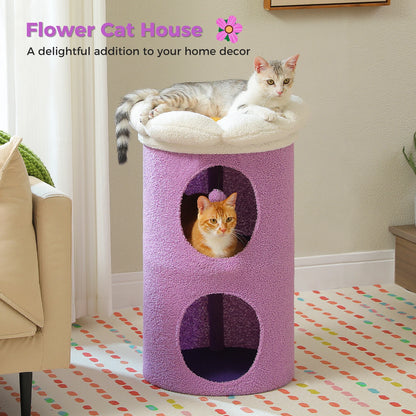 Two-level cat house with flower-shaped perch and cozy lower bed for indoor cats