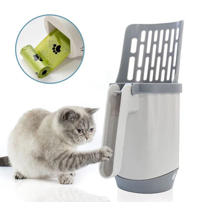 Cat litter scoop with built-in waste bin for easy litter box cleaning