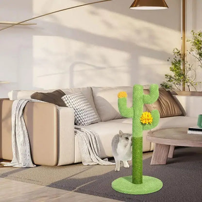 Cactus-shaped cat scratcher tree providing entertainment and exercise for cats.