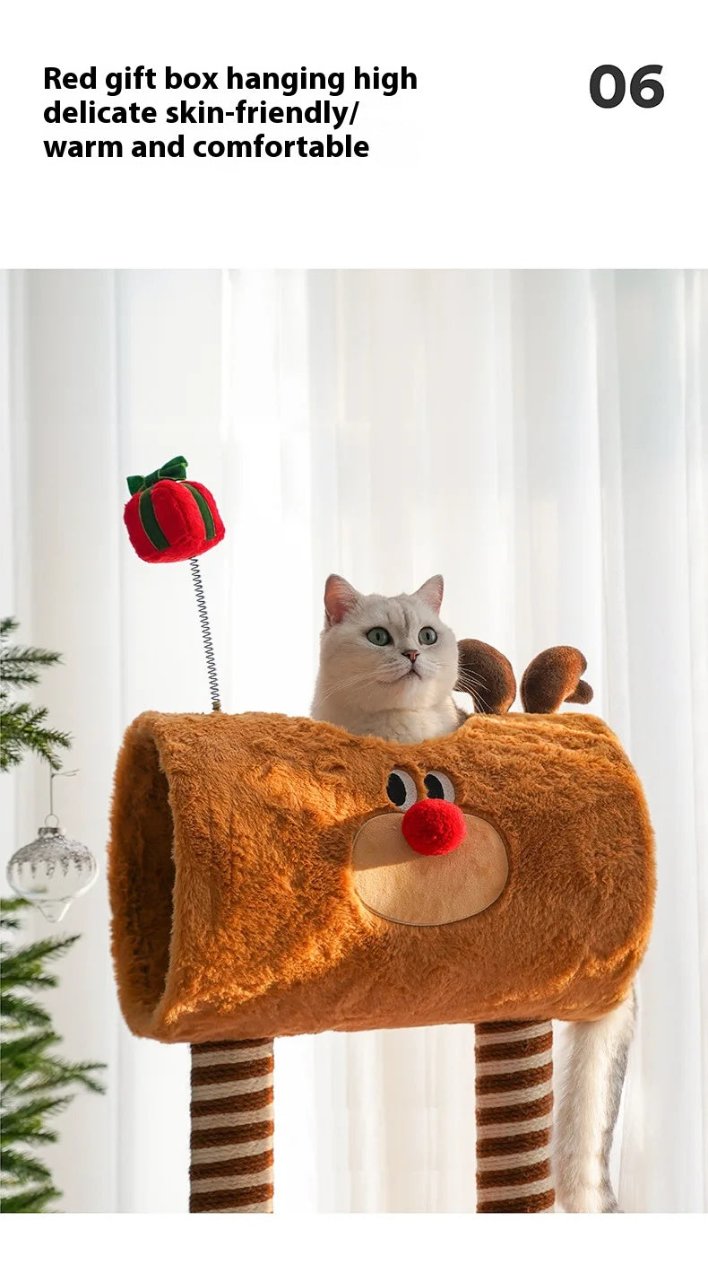 Christmas-themed cat climbing frame with cozy sleeping nest and sisal scratching posts.