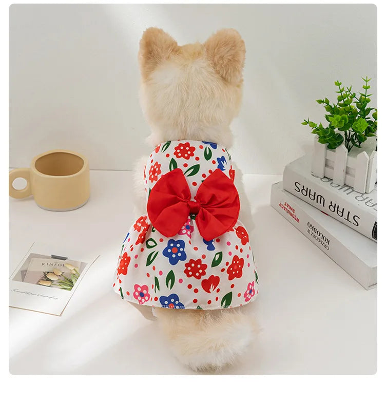 Cute dog princess dress with bowknot and button details, perfect for summer weddings, parties, and small dogs or cats