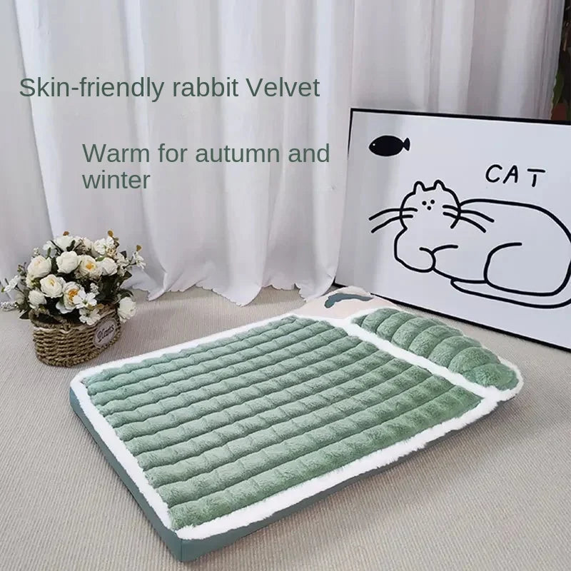 Thickened pet bed mat with plush fabric, washable cover, and anti-slip base, providing winter warmth for cats and dogs.