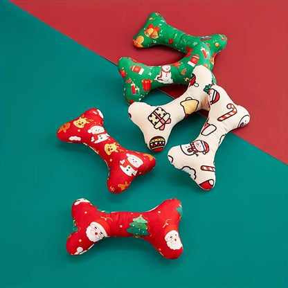 Bone-shaped plush dog toy with squeaker, suitable for chewing and play