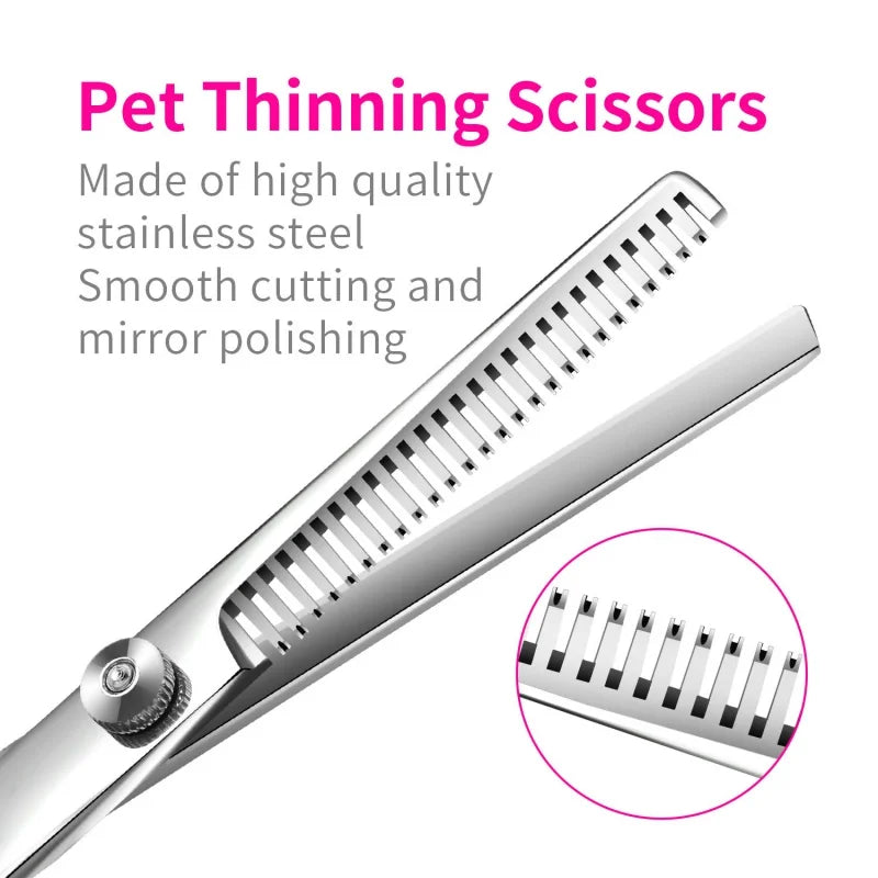 Professional pet grooming scissors set with stainless steel clippers and safety scissors for cats and dogs.