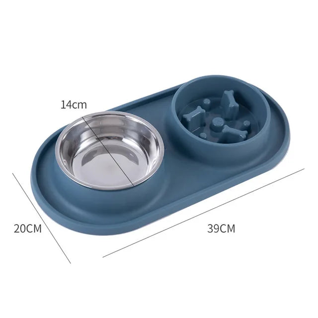 Dual dog and cat feeding bowl with anti-choking design, stainless steel bowls, and non-slip silicone mat for convenient feeding