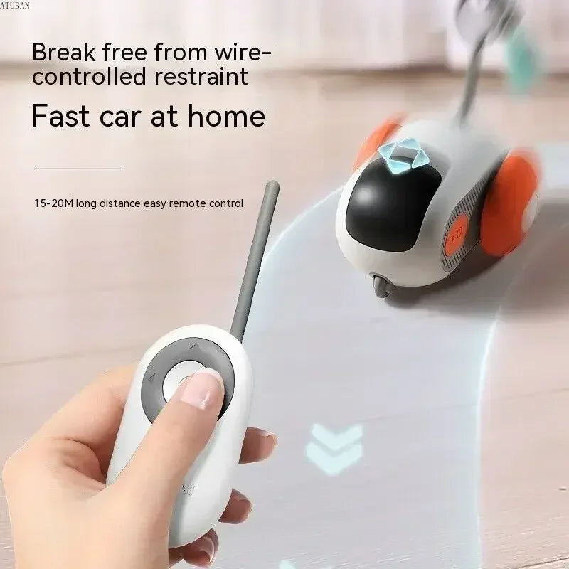 Interactive remote-controlled toy car for cats with feather teaser and USB charging.