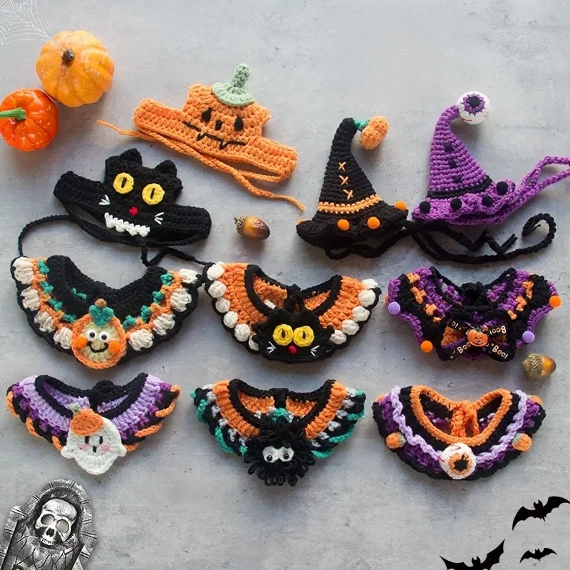 Hand-knit Halloween Pet Collar Bib for cats and dogs, perfect for adding a spooky touch to Halloween costumes.