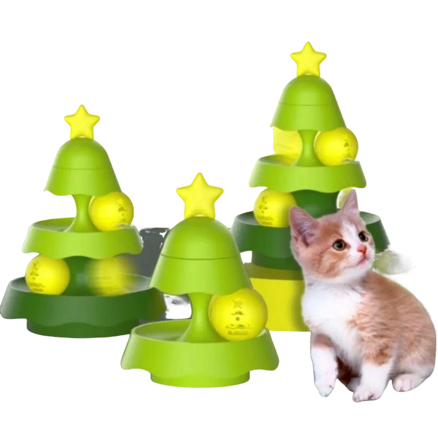 Christmas tree-shaped cat track toy with multi-stage interactive ball tracks for indoor cats.