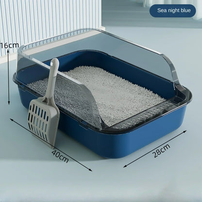 High-sided open cat litter box with low entry, designed for kittens, senior cats, and splash protection.