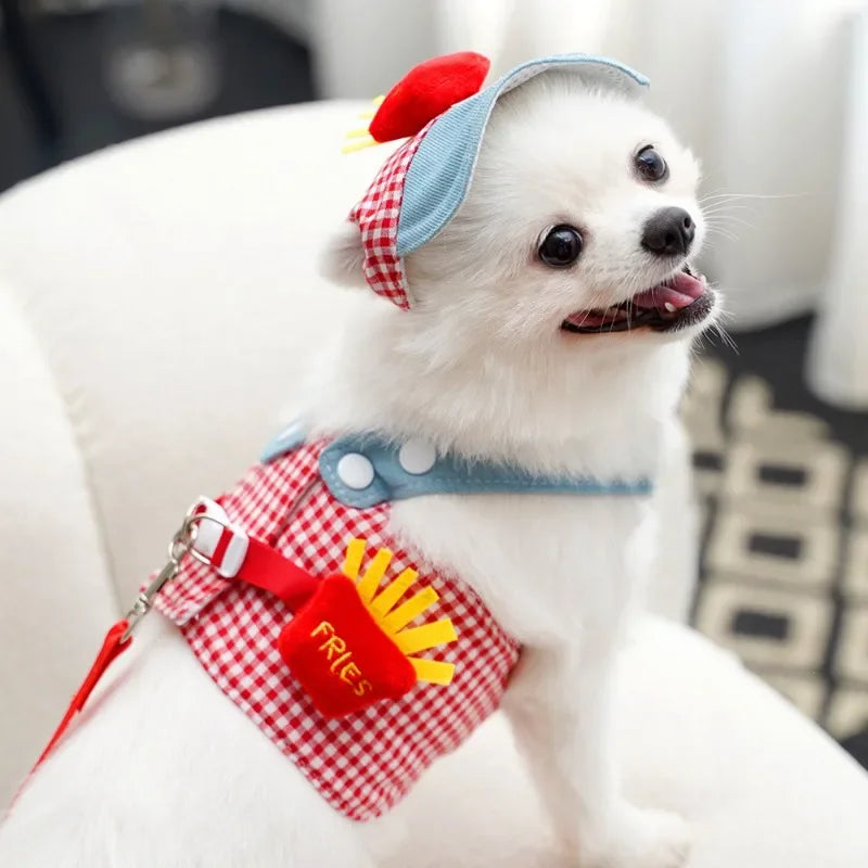 Fries-themed puppy harness set with matching hat and leash, ideal for small dogs on walks and outings.